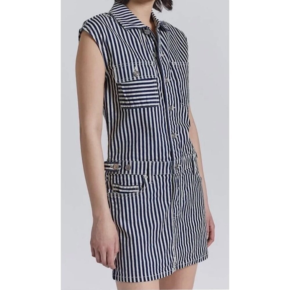 Current Elliott Sleeveless Jumpsuit Dress White Blue‎ Striped Denim Size 3 Large